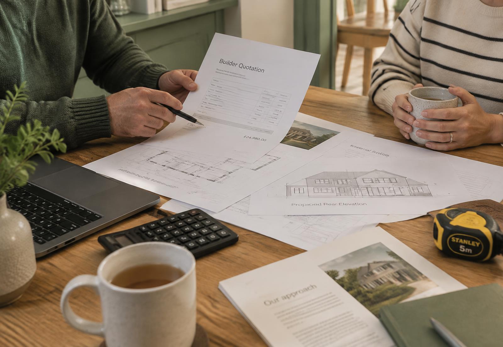 Construction quotations and plans being reviewed, illustrative only